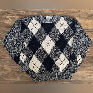 Vintage Argyle Chunky Knit Ramie-Cotton Blend Sweater XL